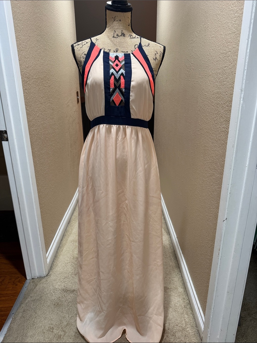 Alya Cream Maxi Dress with Navy and Coral Accents